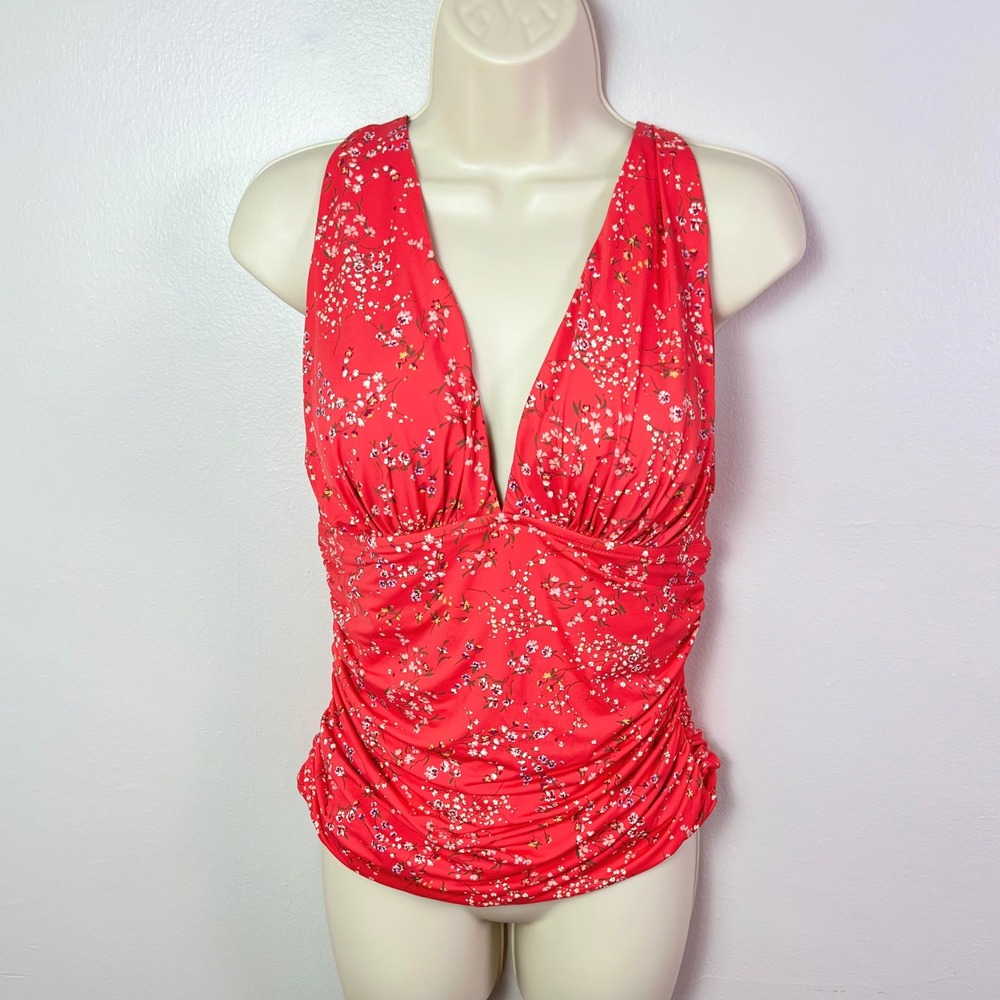 Garnet Hill Tankini Top 8 Hot Pink Floral Ruched Crisscross Back Cottagecore